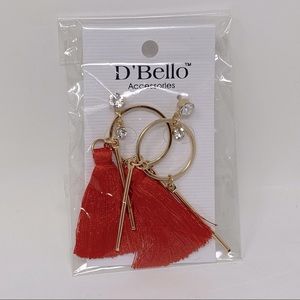 NWT DBello Red Tassel Dangle Hoop Stud CZ Earrings